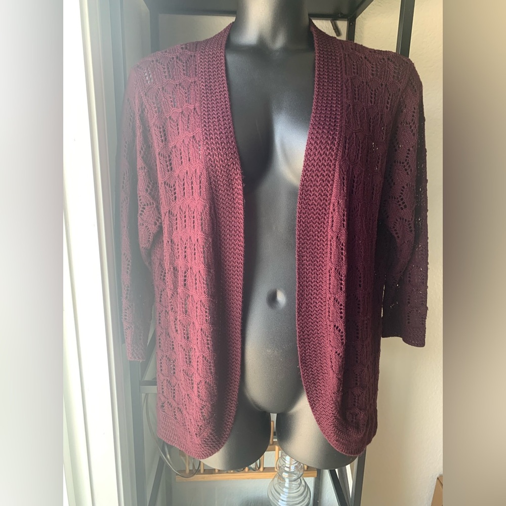 Napa Valley Women's Burgundy Open-Front Pointelle Airy Sweater Maroon Crochet